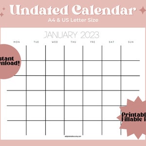 Undated Printable, Fillable, Editable PDF Calendar with Sunday and Monday Start | Minimalist Digital Calendar | Monthly Printable Calendar