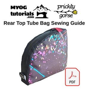 Image of the completed rear bike top tube bag on a white background, with a PDF logo to highlight that it is a digital download. myogtutorials and pricklygorse sewing guides text also visible