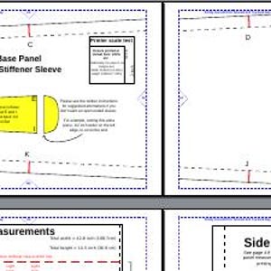 Puede incluir: Un diagrama en blanco y negro con instrucciones para hacer un zapato. El diagrama muestra el panel base, la manga del refuerzo base y las medidas del panel lateral. El texto "Base Panel Base Stiffener Sleeve" est&aacute; incluido en el diagrama.