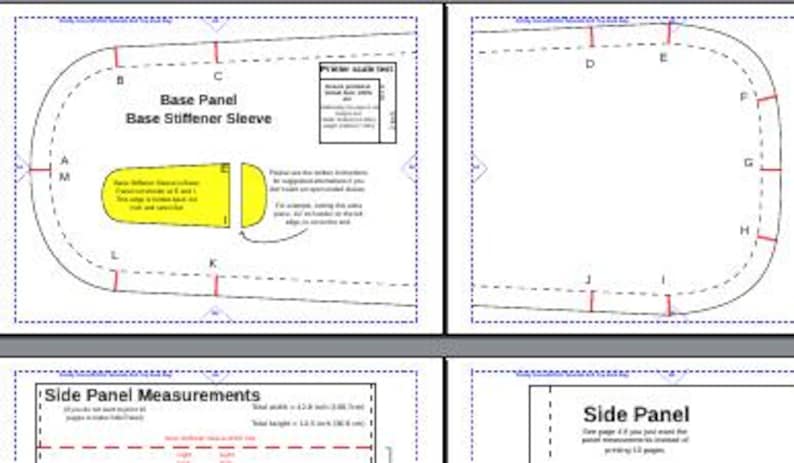 Puede incluir: Un diagrama en blanco y negro con instrucciones para hacer un zapato. El diagrama muestra el panel base, la manga del refuerzo base y las medidas del panel lateral. El texto "Base Panel Base Stiffener Sleeve" est&aacute; incluido en el diagrama.
