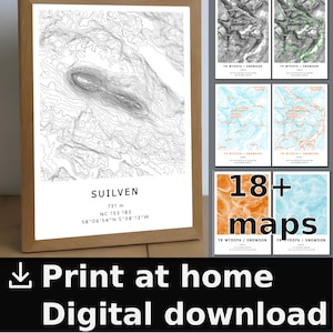 Suilven デジタル等高線マップ パック、さまざまなスタイル。自宅、職場、図書館で印刷できます。地形図。スコットランド