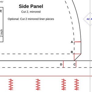 May include: A black and white sewing pattern for a side panel. The pattern includes instructions to cut two mirrored pieces and two mirrored liner pieces. The pattern also includes markings for sewing seams.