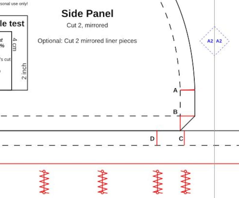 May include: A black and white sewing pattern for a side panel. The pattern includes instructions to cut two mirrored pieces and two mirrored liner pieces. The pattern also includes markings for sewing seams.