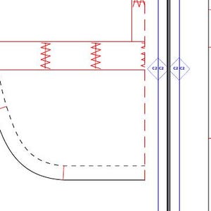 May include: A black and white illustration of a sewing pattern with red markings. The pattern includes a curved line, a straight line, and a series of zig-zag lines. The text "c2 c2" is written in blue.