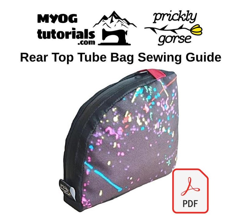 Image of the completed rear bike top tube bag on a white background, with a PDF logo to highlight that it is a digital download. myogtutorials and pricklygorse sewing guides text also visible