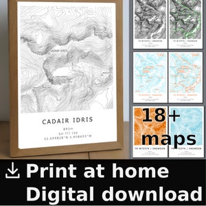 Cadair Idris デジタル等高線マップ パック、さまざまなスタイル。自宅、職場、図書館で印刷できます。地形図。ウェールズ