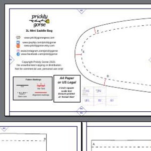 Może przedstawiać: Biała kartka z tekstem "prickly gorse" i "3L Mini Saddle Bag". Papier zawiera diagram z liniami przerywanymi i ciągłymi oraz tekst "A4 Paper or US Legal". Widoczne są r&oacute;wnież ikony medi&oacute;w społecznościowych.