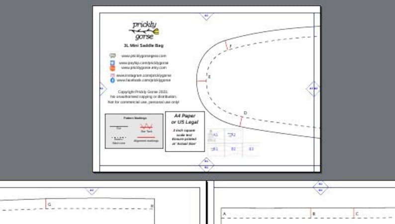 Może przedstawiać: Biała kartka z tekstem "prickly gorse" i "3L Mini Saddle Bag". Papier zawiera diagram z liniami przerywanymi i ciągłymi oraz tekst "A4 Paper or US Legal". Widoczne są r&oacute;wnież ikony medi&oacute;w społecznościowych.