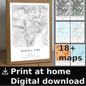Scafell Pike Digital Contour Map Pack, Many Styles. Print at home, work. Topographical topographic cartography. Cumbria, Lake District