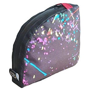 May include: A black and gray makeup bag with a colorful confetti pattern. The bag has a zipper closure and a red pull tab.