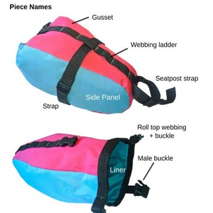Może przedstawiać: Schemat Mini Seat Pack, przedstawiający r&oacute;żowo-niebieski design z czarnymi paskami i klamrami. Obraz zawiera etykiety dla Gusset, Side Panel, Strap, Webbing ladder, Seatpost strap, Liner, Roll top webbing + buckle i Male buckle.