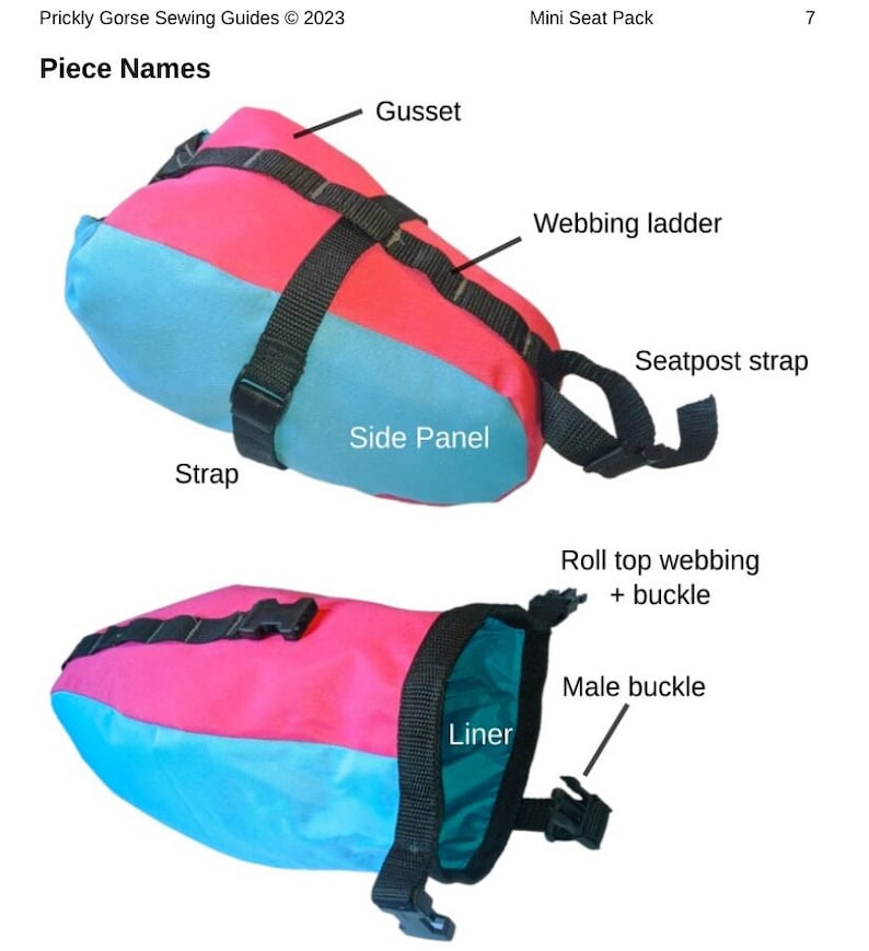 Może przedstawiać: Schemat Mini Seat Pack, przedstawiający r&oacute;żowo-niebieski design z czarnymi paskami i klamrami. Obraz zawiera etykiety dla Gusset, Side Panel, Strap, Webbing ladder, Seatpost strap, Liner, Roll top webbing + buckle i Male buckle.