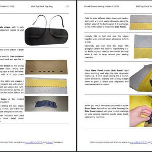Puede incluir: Una gu&iacute;a de costura para una bolsa de mochila de rollo superior. La gu&iacute;a incluye instrucciones para coser los paneles laterales, el panel base y los bucles de la correa. La gu&iacute;a tambi&eacute;n incluye im&aacute;genes del proceso de costura.