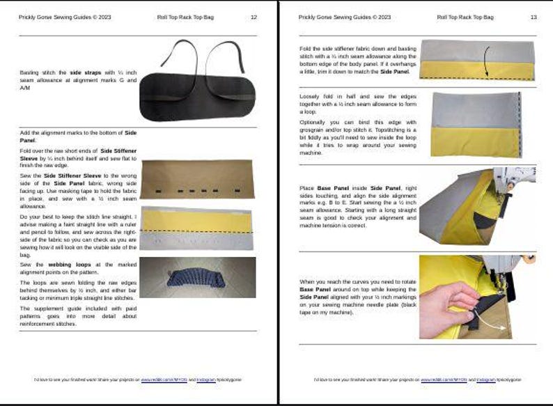 Puede incluir: Una gu&iacute;a de costura para una bolsa de mochila de rollo superior. La gu&iacute;a incluye instrucciones para coser los paneles laterales, el panel base y los bucles de la correa. La gu&iacute;a tambi&eacute;n incluye im&aacute;genes del proceso de costura.