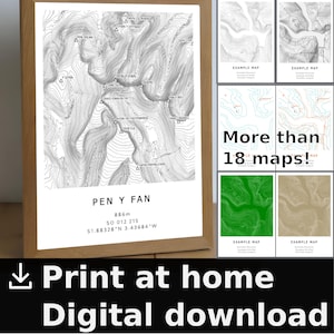 ペン・イ・ファン デジタル等高線地図パック、さまざまなスタイル。自宅、職場、図書館で印刷できます。地形図。ウェールズ ブレコン ビーコンズ