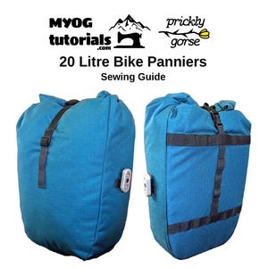 May include: Two teal blue 20-liter bike panniers with black straps and buckles. The panniers are made of a durable fabric and have a zipper closure. The image includes the text "MYOG tutorials.com" and "20 Litre Bike Panniers Sewing Guide".