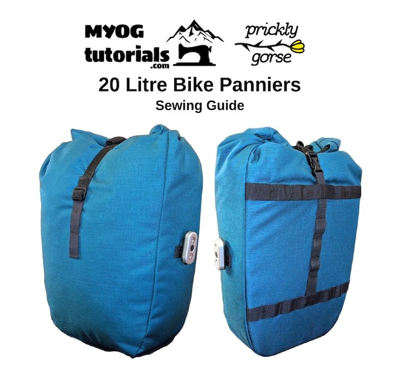 May include: Two teal blue 20-liter bike panniers with black straps and buckles. The panniers are made of a durable fabric and have a zipper closure. The image includes the text "MYOG tutorials.com" and "20 Litre Bike Panniers Sewing Guide".
