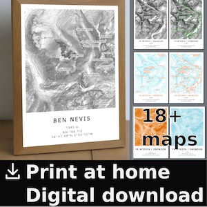 Pack de cartes numériques des contours du Ben Nevis, nombreux styles. Imprimez à la maison, au travail, à la bibliothèque. Topographie Cartographie topographique. Écosse