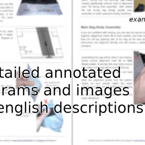 May include: A close-up of a page from a sewing pattern with the text "Detailed annotated diagrams and images Plain english descriptions" and an example image of a hand sewing a seam.