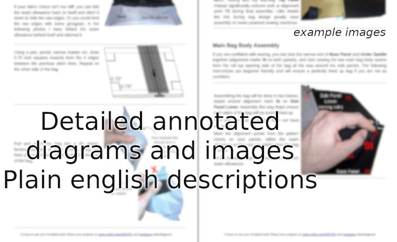 May include: A close-up of a page from a sewing pattern with the text "Detailed annotated diagrams and images Plain english descriptions" and an example image of a hand sewing a seam.