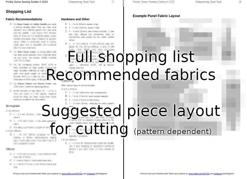 May include: A black and white image showing a shopping list for fabric and hardware needed for a sewing project. The list includes fabric recommendations, hardware and other supplies, and a suggested piece layout for cutting. The text "Full shopping list", "Recommended fabrics", "Suggested piece layout", and "(pattern dependent)" is visible on the image.