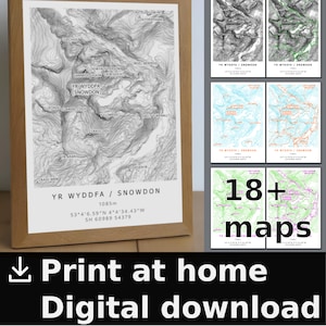 スノードン デジタル等高線地図パック、さまざまなスタイル。自宅、職場、図書館で印刷できます。地形図。ウェールズ