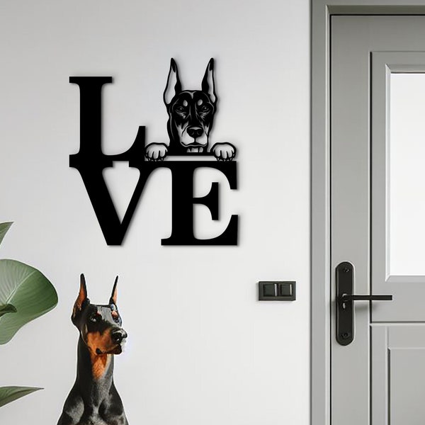 Doberman wood sign pet wall art. Cute Doberman hanging dog portrait LOVE decor. Custom Doberman dad gift
