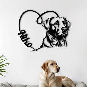 Labrador Retriever personalized dog sign for a home. Wooden dog wall hanging with pet portrait and custom name. Unique Lab owner gift