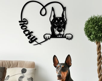 Doberman sign wood wall art, Personalized dog portrait, Wall art custom dog name, Doberman heart shape home decor. Unique Dog owner gift