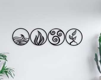 Decorative set of Four Elements wooden wall hanging: Set of 4 wall signs of Earth, Water, Air & Fire as nature wall art home decor