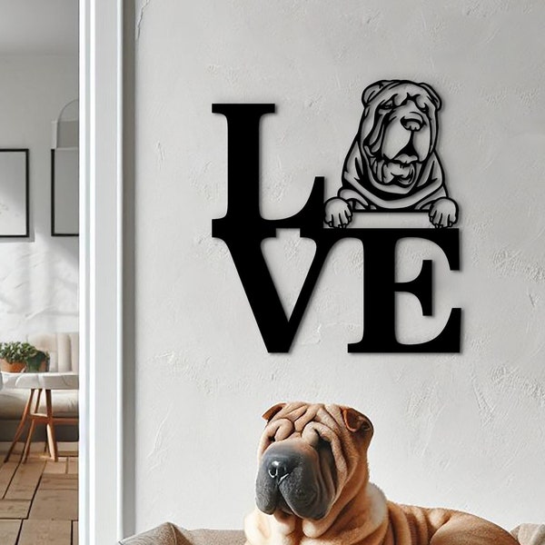 Shar Pei art wooden wall decor. Chinese Shar Pei sign for home. Custom dog portrait wooden love wall decor. Handmade gift for Shar Pei owner