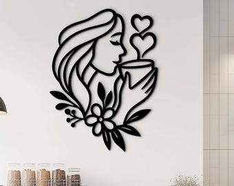 Coffee Wall Art for Kitchen, Minimalist Woman Line Art, Custom Cafe Decor Wooden Wall Hanging