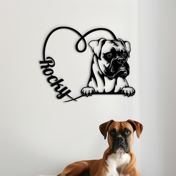 Personalized Boxer wall hanging in heart frame: wooden boxer sign with custom dogs name as premium quality wall art and decorative accessory