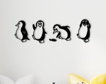 Pinguïns kinderkamerdecoratie houten muurkunst. Set van 4 houten wanddecoratie pinguïns. Houten pinguïnfamilie. Kinderkamerdecoratie cadeau voor kind
