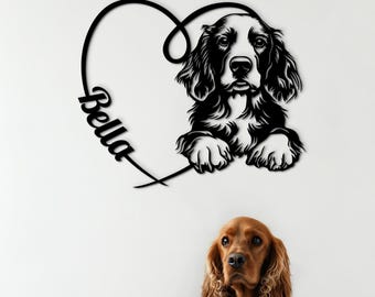 Cocker Spaniel Dog Name Sign, Personalized Pet Portrait Wood Wall Art, Dog Memorial Gift