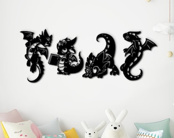 Dragon wall decor wood wall art. Decorative set of 4 dragons. Wooden wall hanging. Custom dragon nursery decor. Dragon lover birthday gift