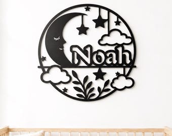 Moon and Stars Nursery Name Sign, Personalized Wooden Baby Room Wall Decor Above Crib