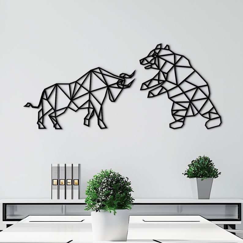 Finance art with geometric bull and bear motifs, perfect for decorating a trader's workspace.