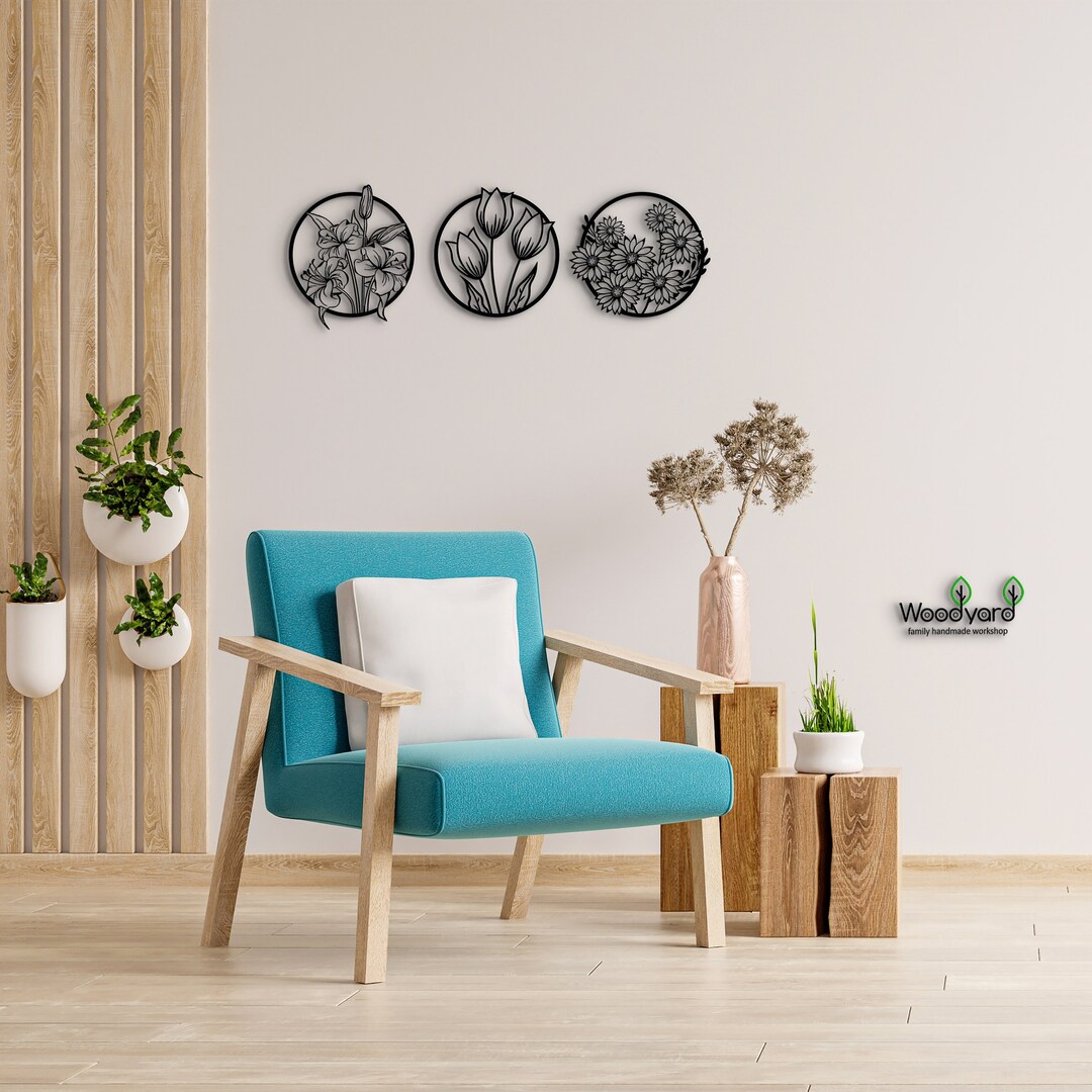 Flowers Wall Decor. 3 Piece Wooden Wall Art. Living Room Decor - Etsy
