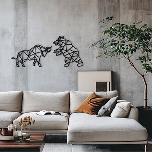 Modern trading wall decor featuring geometric bull and bear designs, ideal for stock market enthusiasts.