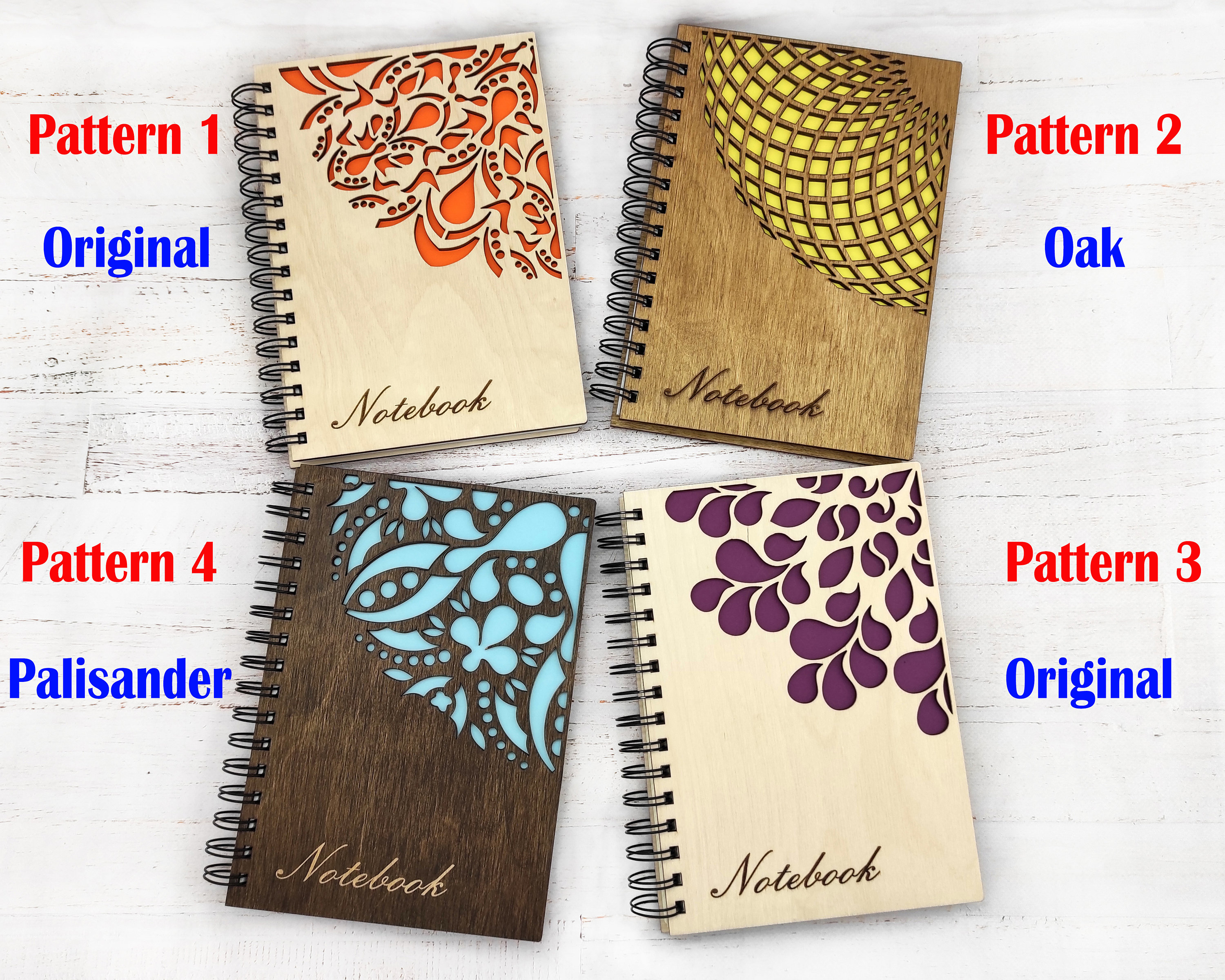 Wooden notebook with laser cut design. Spiral journal. Etsy