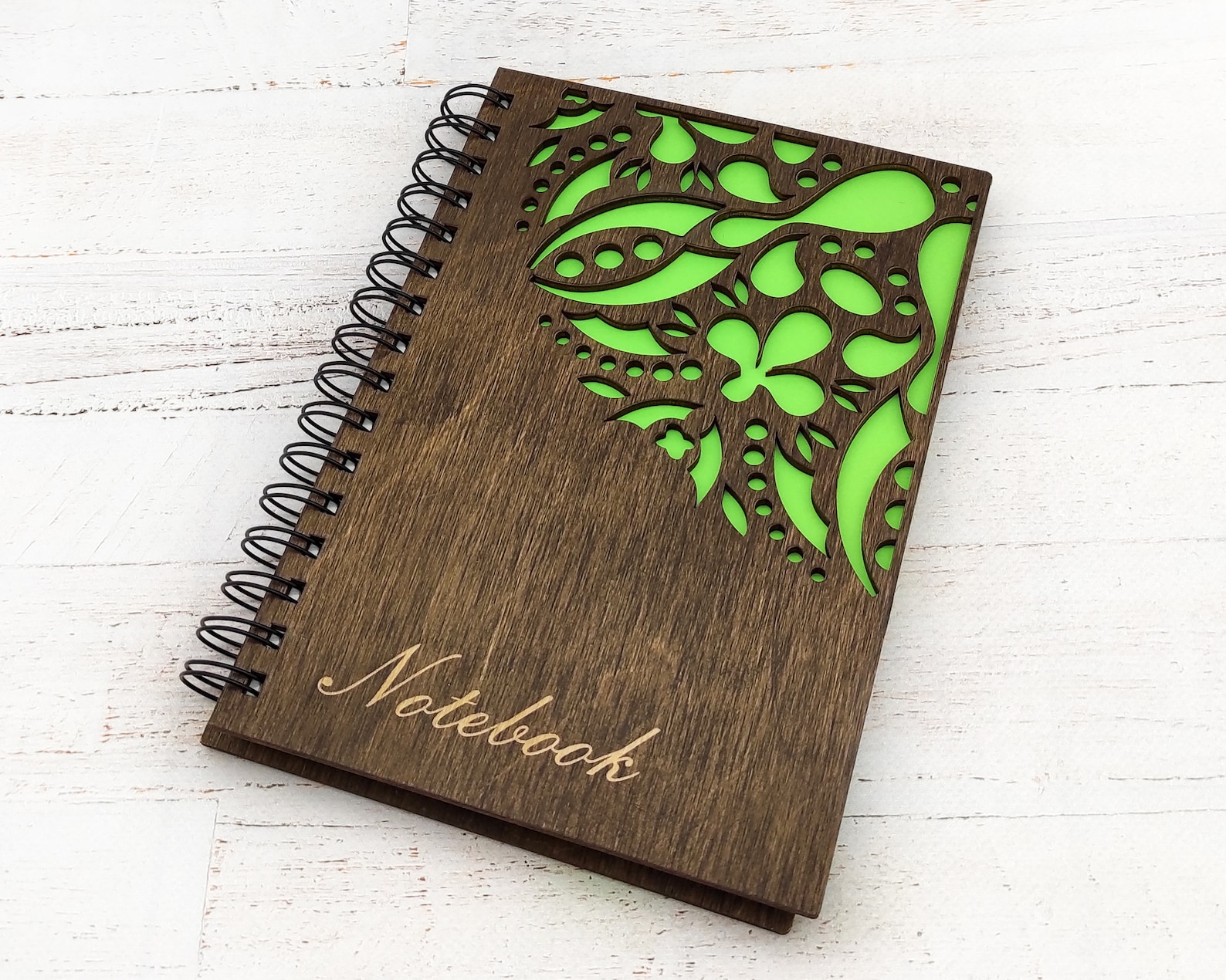 Wooden notebook with laser cut design. Spiral journal. Etsy