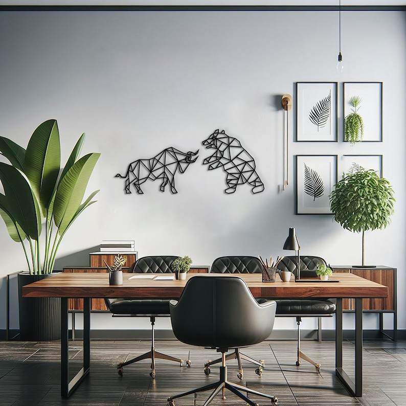 Geometric bull and bear art, perfect for enhancing the decor of any finance professional's office.