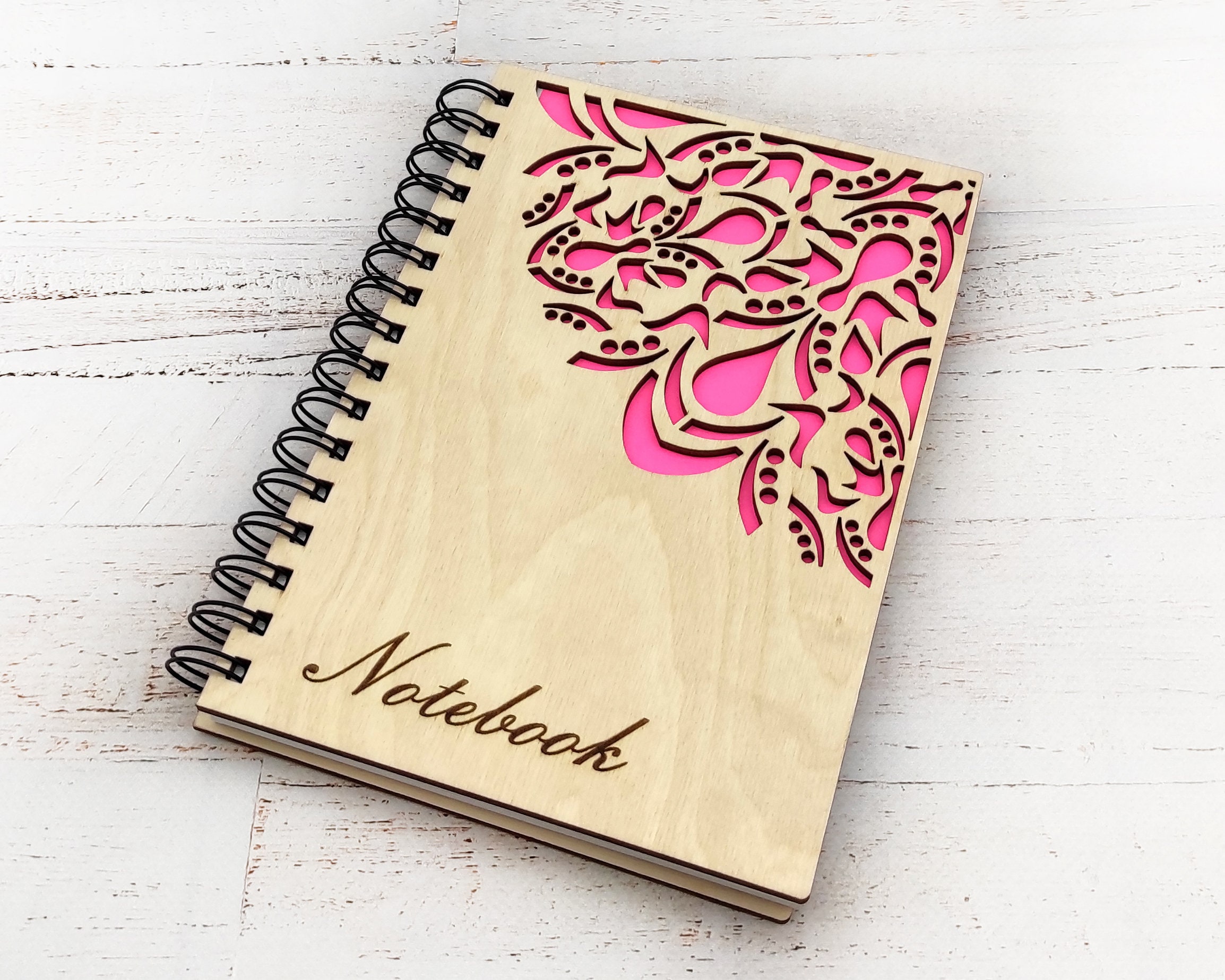 Wooden notebook with laser cut design. Spiral journal. Etsy