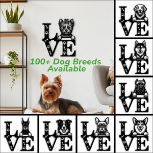 Dog Portrait Love Sign, Wooden Wall Hanging with Paw Prints, Custom Pet Room Wall Decoration, Unique Dog Lover Home Decor Gift
