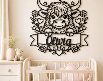 Personalized Highland Cow Nursery Name Sign, Custom Wood Baby Girl Name Sign, Floral Cow Wall Decor for Kids Room