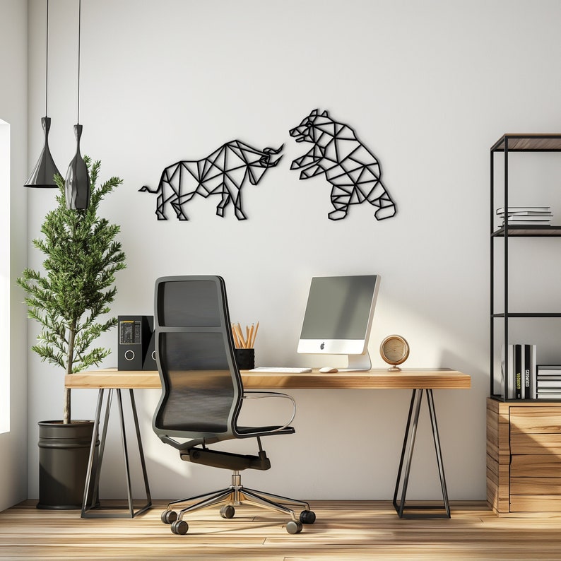 Elegant geometric bull and bear stock market art, perfect for adding a contemporary touch to a trader's home or office.