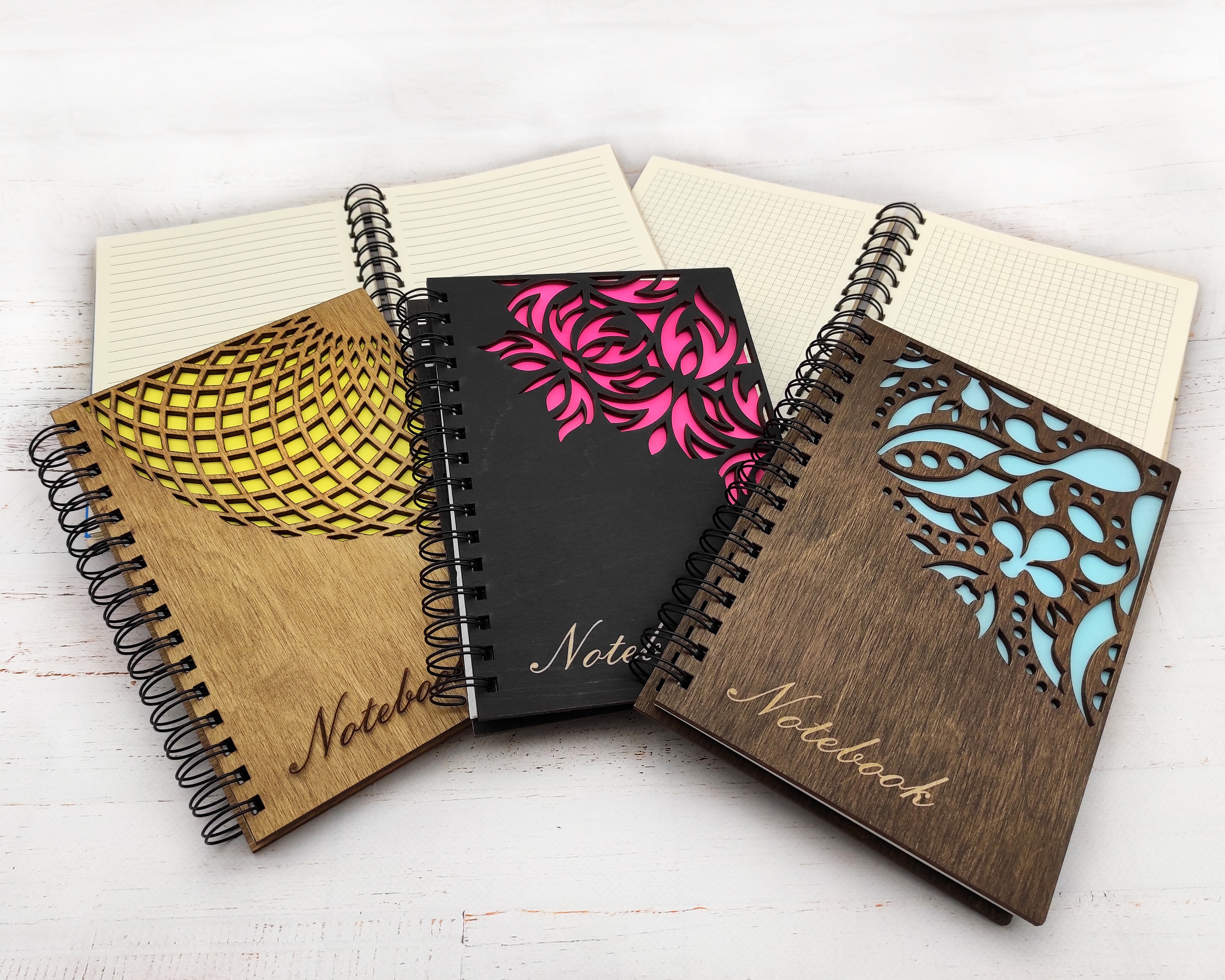 Wooden notebook with laser cut design. Spiral journal. Etsy