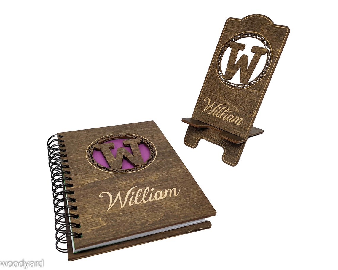 Wood cover notebook with laser cut text personalized wooden Etsy