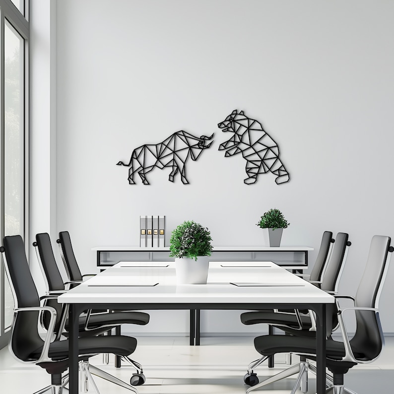 Trading wall decor featuring geometric bull and bear designs, ideal for finance enthusiasts.